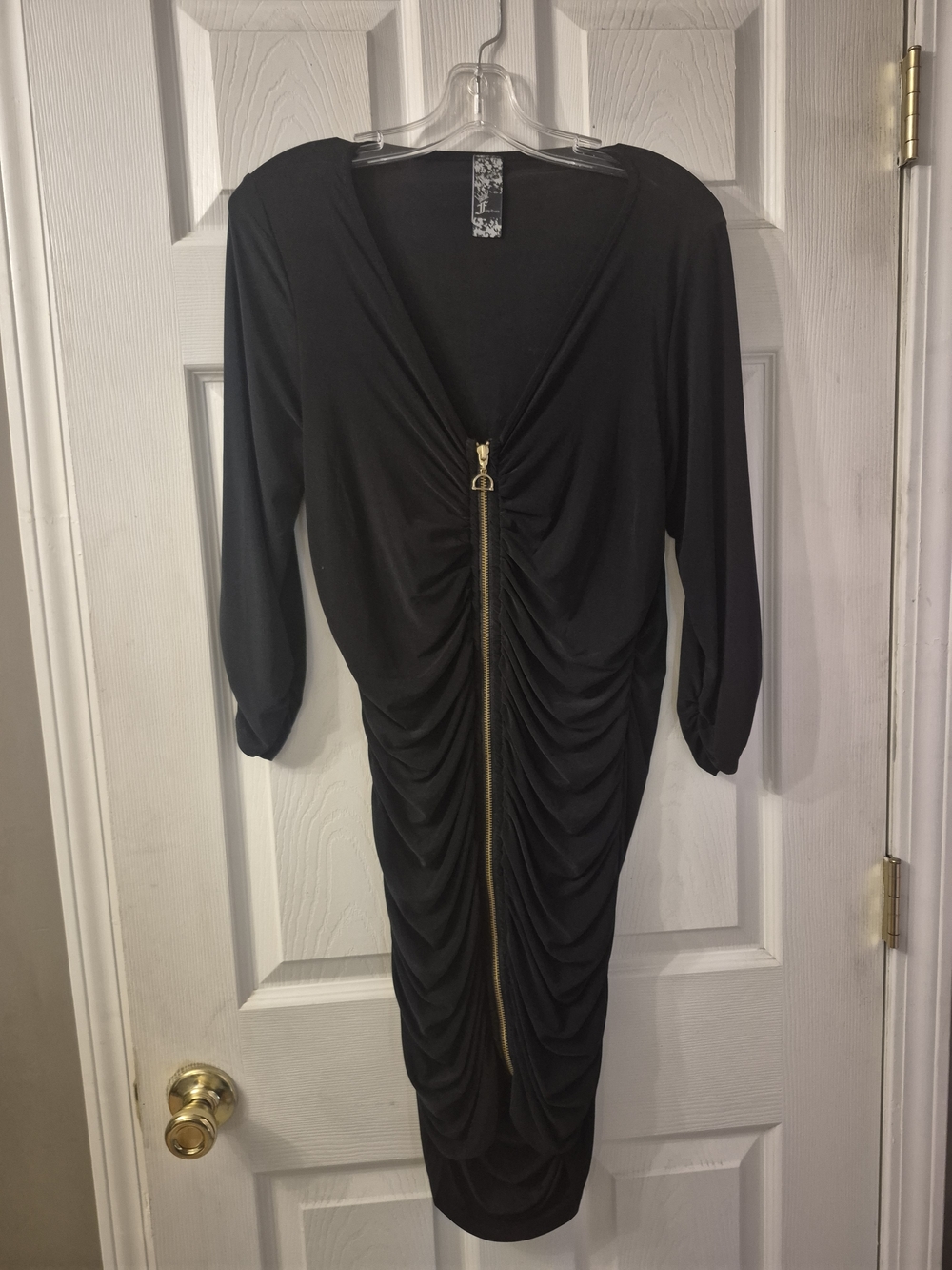 Black Ruched Midi Dress with Gold Zip